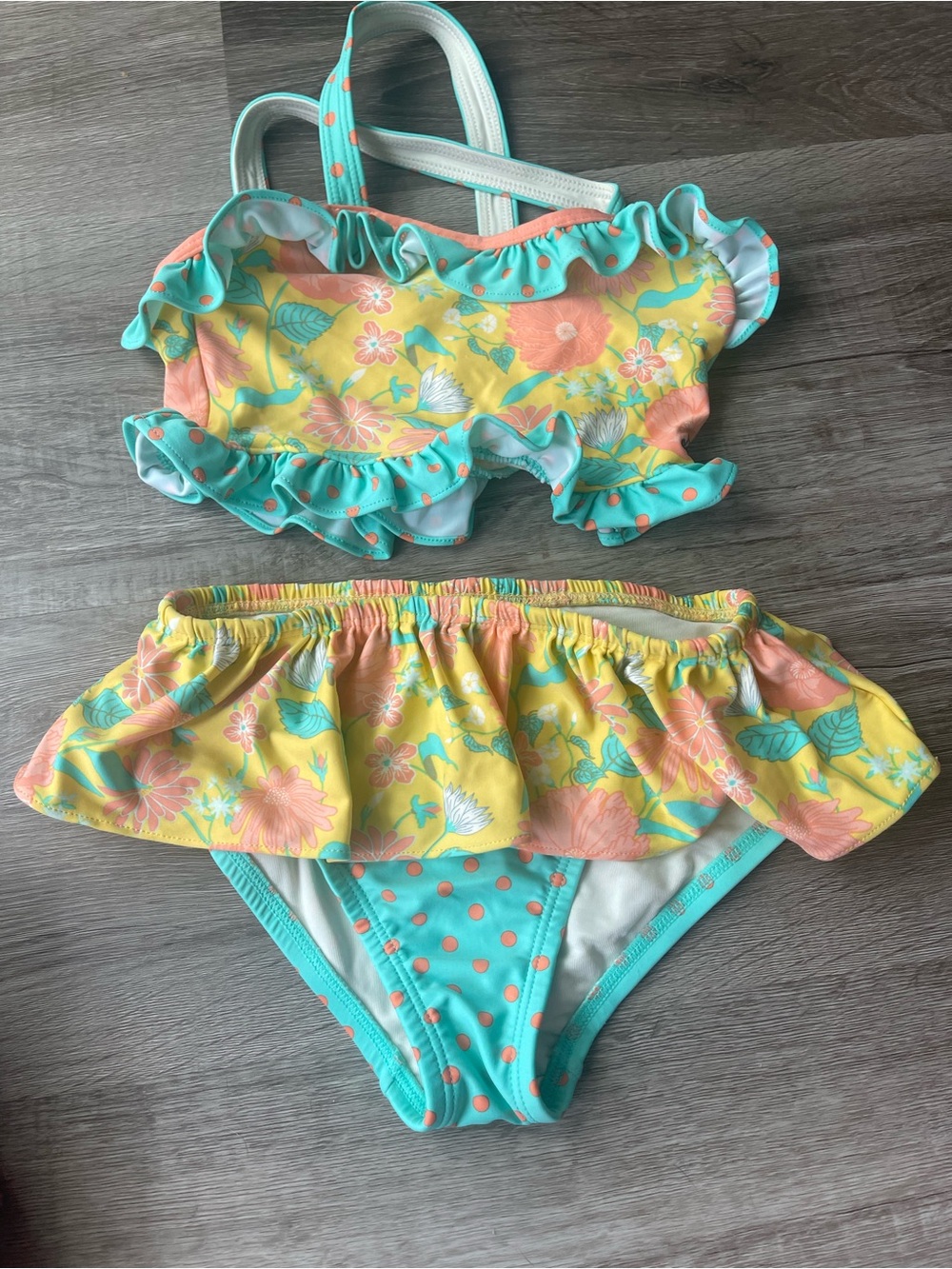 Matilda Jane Yellow, Aqua & Coral Floral Ruffle Bikini size 6